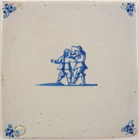 Antique Delft tile with two men fighting, 17th century