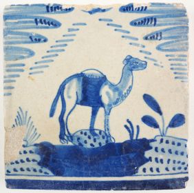 Antique Delft tile with a camel, 17th century