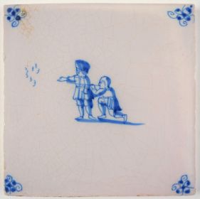 Antique Delft tile with two hunters, 18th century