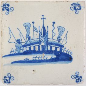 Antique Delft tile with a settlement, 17th century