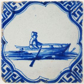 Antique Delft tile with a rowing boat, 17th century