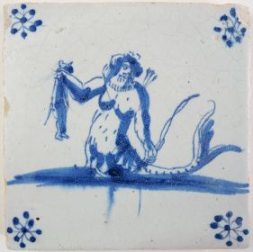 Antique Delft tile with a merman, 17th century