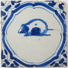 Antique Delft tile with a rat, 17th century