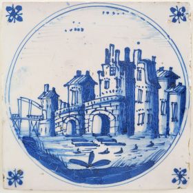 Antique Delft tile with a castle, 17th century