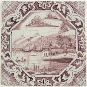 Antique Delft tile with a detailed landscape scene, 19th century
