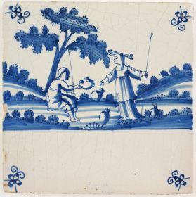 Antique Delft tile with a romantic scene, 17th century