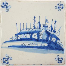Antique Delft tile with a settlement, 17th century