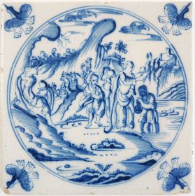 Antique Delft tile depicting the Baptism of the eunuch, 18th century