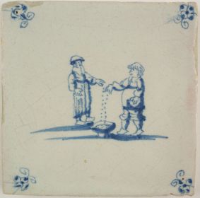 Antique Delft tile with a game of marbles, 17th century