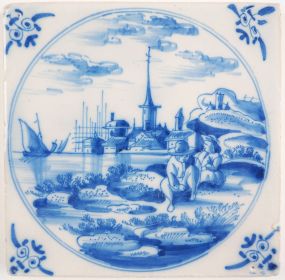 Antique Delft tile with a harbor scene, 18th century