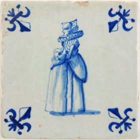 Antique Delft tile with a lady, 17th century