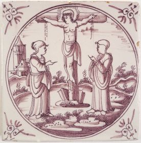 Antique Delft tile with the crucifixion of Jesus, 18th century