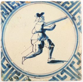Antique Delft tile with a hunter, 17th century