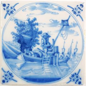 Antique Delft tile with a harbor scene, 18th century