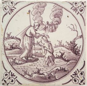 Antique Delft tile with baptism of Jesus, 18th century