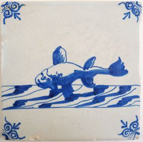 Antique Delft tile with a fish, 17th century