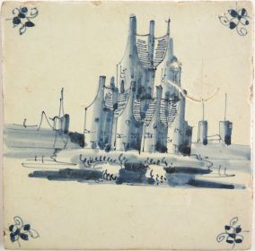 Antique Delft tile with a village, 17th century