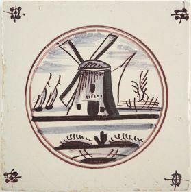 Antique Delft tile with a windmill, 18th century