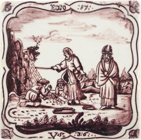 Antique Delft tile depicting water coming from the rock, 18th century 