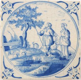 Antique Delft tile with shepherds, 18th century
