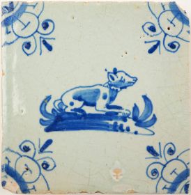 Antique Delft tile with a dog, 17th century