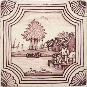 Antique Delft tile with two figures feeding ducks, 18th century