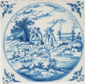 Antique Delft tile with shepherds, 18th century