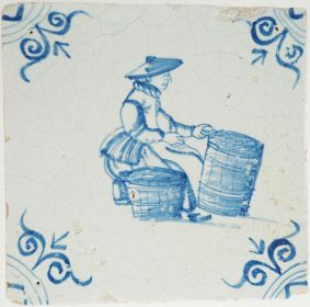 Antique Delf tile with a market vendor, 17th century