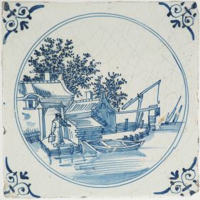 Antique Delft tile depicts a canal village, 17th century