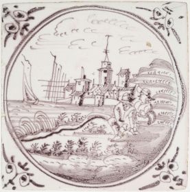 Antique Delft tile with a harbor scene, 18th century