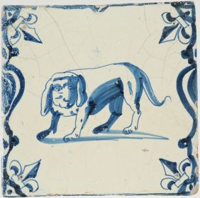 Antique Delft tile with a dog, 17th century