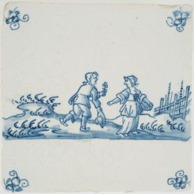 Antique Delft tile with a romantic scene, 17th century
