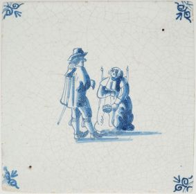 Antique Delft tile with a couple conversating, 17th century