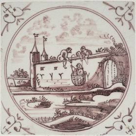 Antique Delft tile depicting Saul escaping Damascus, 18th century