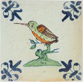 Antique Delft tile with a kingfisher, 17th century