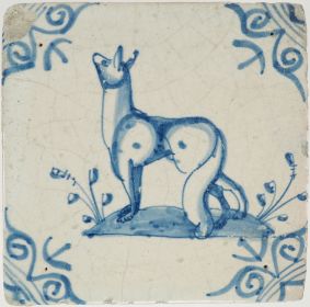 Antique Delft tile with a dog, 17th century