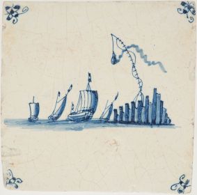 Antique Delft tile with a fire beacon, 17th century