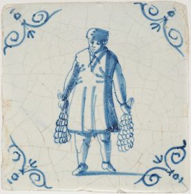Antique Delft tile with a man with garlic, 17th century