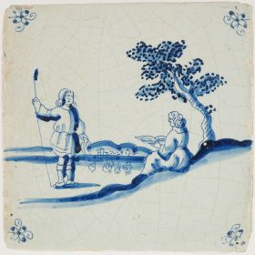 Antique Delft tile with a romantic scene, 17th century