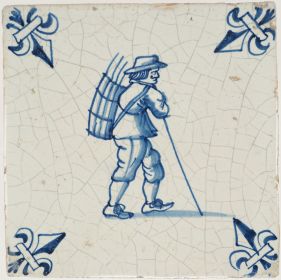 Antique Delft tile with a peddler, 17th century