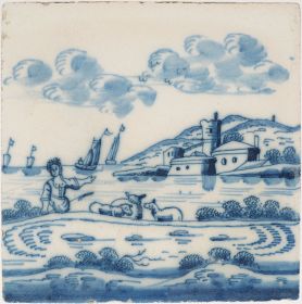 Antique Delft tile with a pastoral scene, 18th century