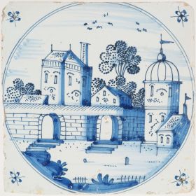 Antique Delft tile with a castle, 17th century