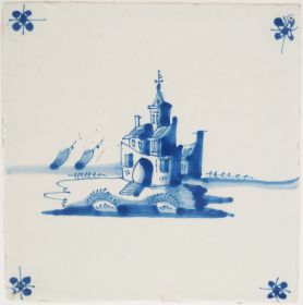 Antique Delft tile with a castle, 17th century
