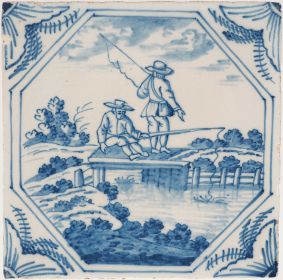 Antique Delft tile with a fishing scene, 18th century