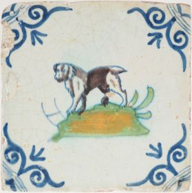 Antique Delft tile with a dog, 17th century