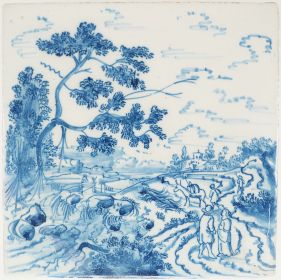 Antique Delft tile with a landscape scene, 18th century