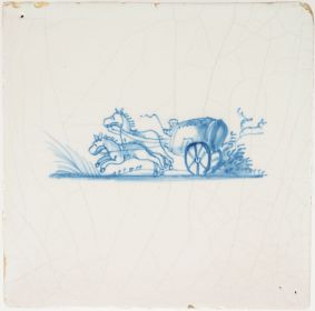 Antique Delft tile with a covered wagon, 17th century