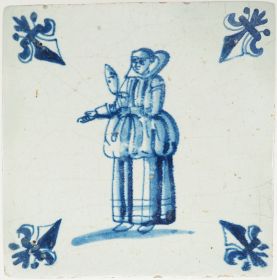 Antique Delft tile with a lady, 17th century
