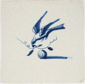 Antique Delft tile with a bird in flight, 17th century