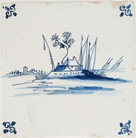 Antique Delft tile with a settlement, 17th century